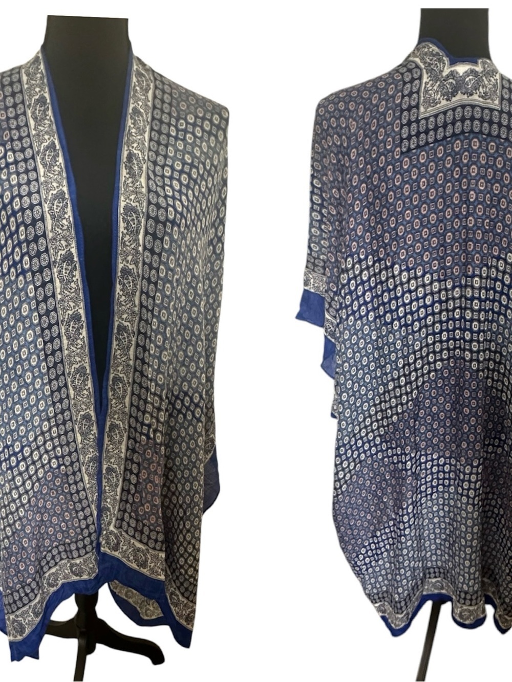 Tahari Blue and White Patterned Kimono Jacket
